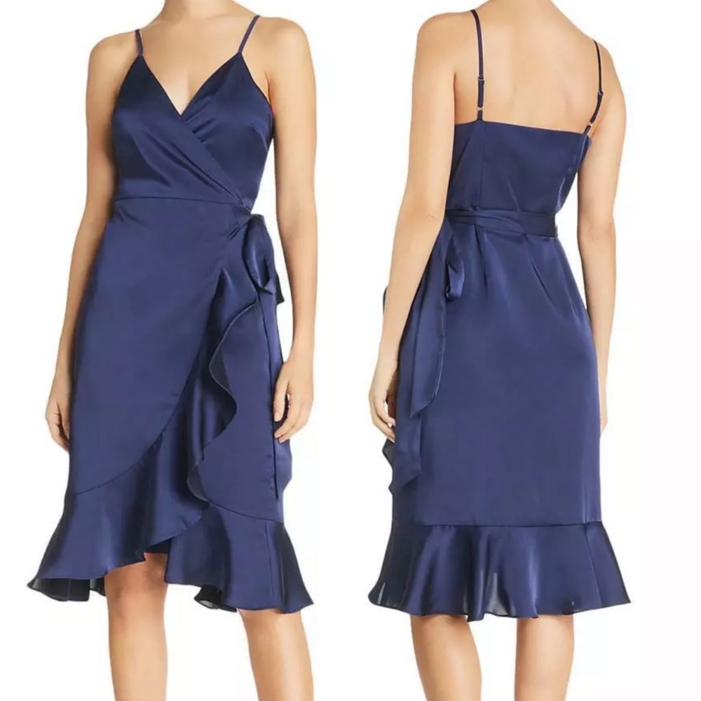 Aqua Navy Satin Wrap-Style Ruffle Dress
